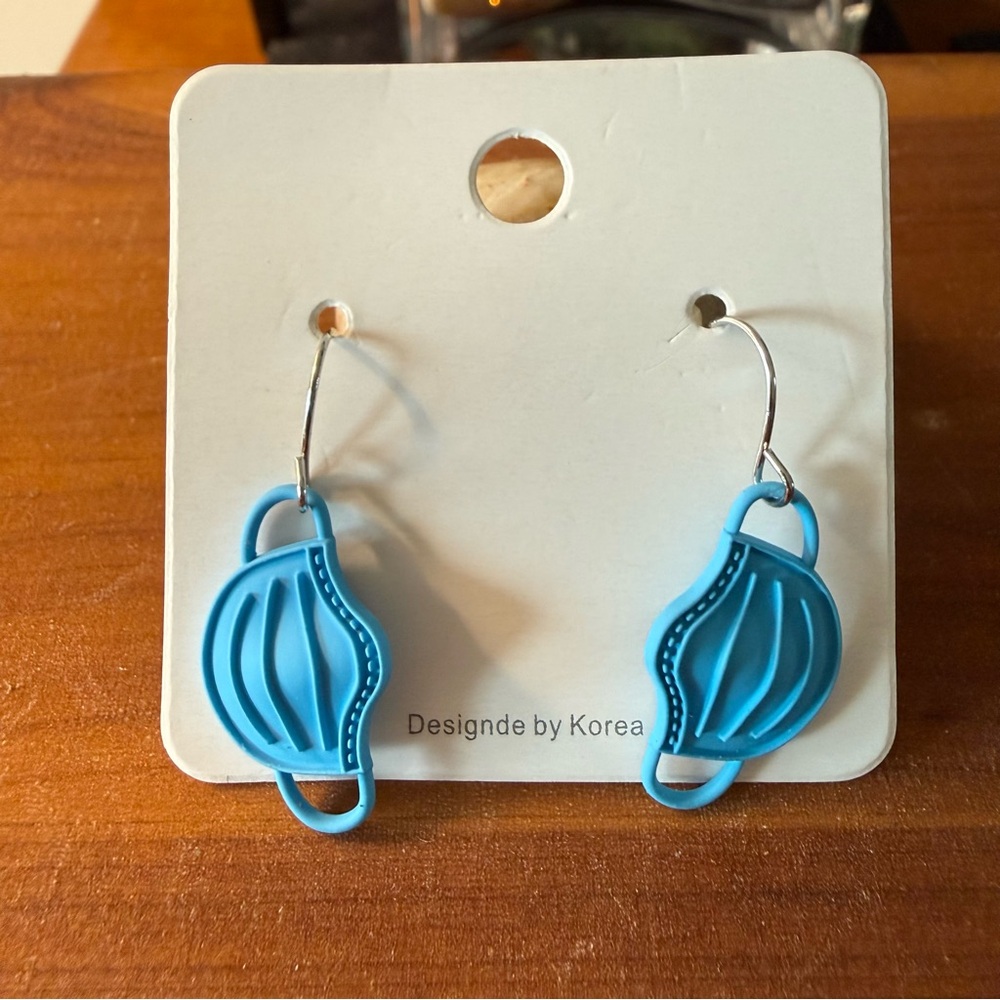 Blue face mask dangle polymer earrings NEW